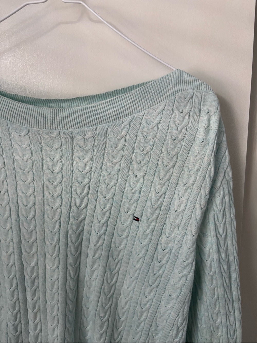 Tommy Hilfiger Mint Cable-Knit Off-the-Shoulder Y2K Preppy Chic Sweater